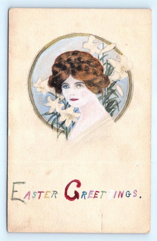 Postcard Easter Greetings Woman Easter Lilies Home Colored Gravure 1912 I5