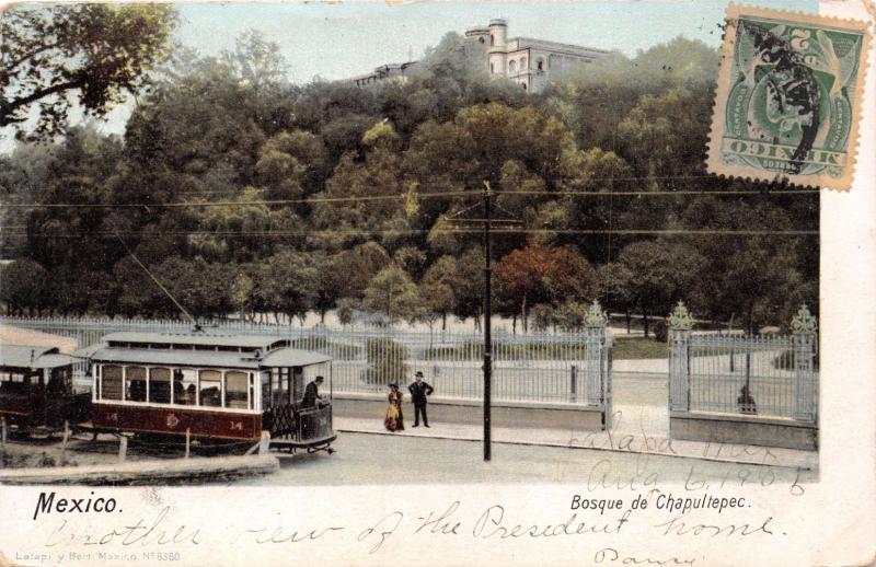 MEXICO CITY BOSQUE de CHAPULTEPEC~ELECTRIC STREET CAR POSTCARD 1905