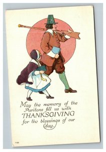 Vintage 1920's Thanksgiving Postcard Pilgrim Puritan with Musket Hunt for Turkey