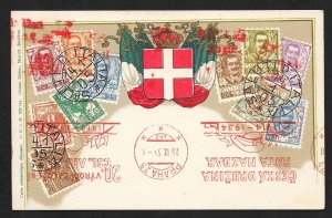 ITALY Stamps on Postcard Flag & Shield Used c1934