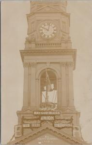 Clock Tower May God Bless Union UNUSED Real Photo Postcard E56