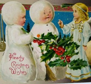 Christmas Postcard Snowman Snow Women Angel Fantasy John Winsch Back Germany