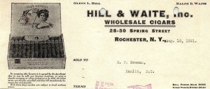 1921 ROCHESTER NY HILL & WAITE WHOLESALE CIGARS SPRING ST BILLHEAD INVOICE Z1753