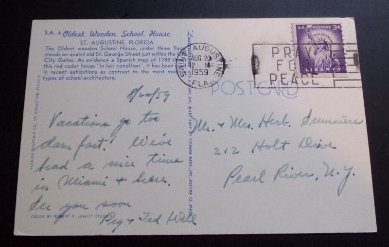 1959 USED POSTCARD - OLDEST WOODEN SCHOOL HOUSE, ST. AUGUSTINE, FLORIDA