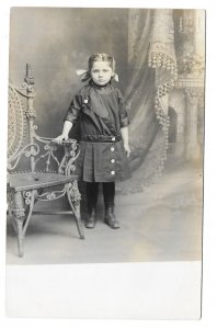 Little Girl Standing by Chair, Unmailed AZO Real Photo Post Card, RPPC c1912