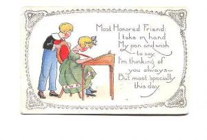 Boy and Girl  at Writing Desk, Friend Poem, Valentine Note Whitney