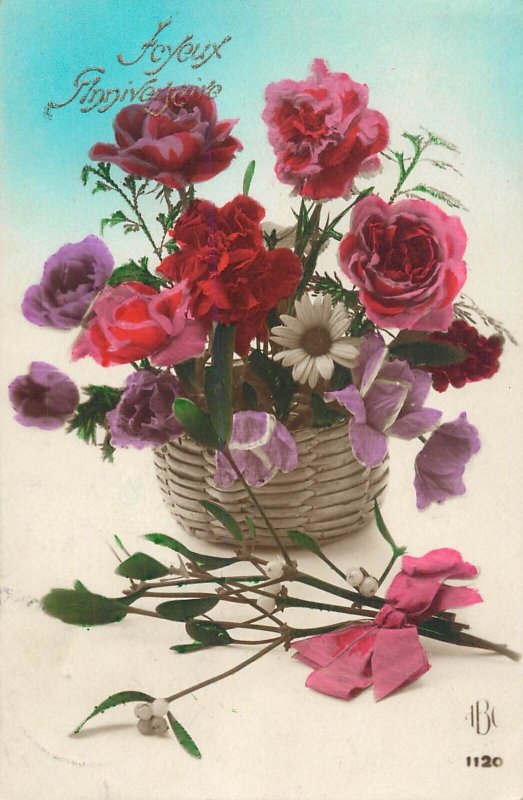 Flowers & plants greetings postcard basket Belgium 1911 birthday