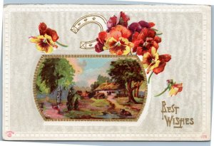 Best Wishes - house scene, flowers, horseshoe 1914 postcard