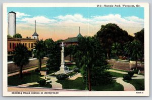 Waycross Georgia~Phoenix Park~Union Station~Monument~Tower~Linen 1940s Postcard