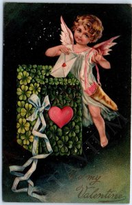 1909 To My Valentine Adorable Girl Pink Wings Cupid Clover Mailbox Germany A184