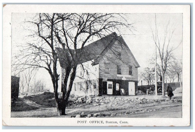 c1920's  Post Office Old Building View Classic Car Dirt Road Bantam CT Postcard