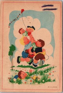 K-L-Links Children Playing With A Kite Vintage Postcard C183
