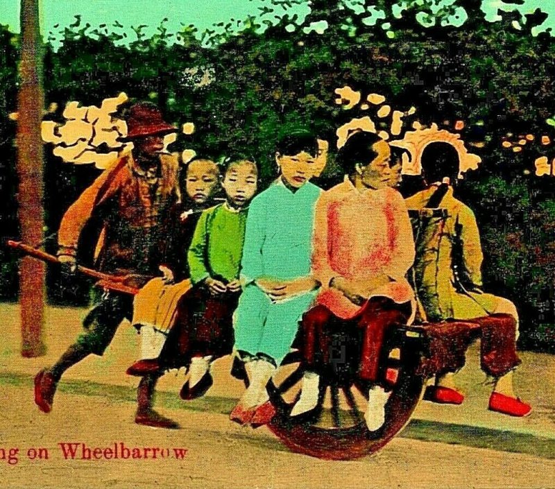 Shanghai China Riding on Wheelbarrow 1910s UNP Universal Postcard Co