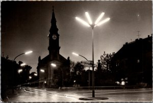 RPPC Kecskemet Hungary Main Square Night Scene 1960s Hungarian Stamps