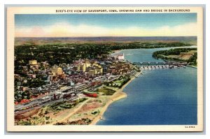 Vintage 1940's Postcard Aerial View of Beach Dam & Bridge Davenport Iowa