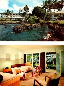 2~Vintage Postcards Hilo, HI Hawaii  NANILOA HOTEL Bay & Room Interior ROADSIDE