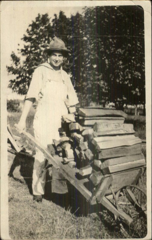 Work Labor Man Old Wheelbarrow Fire Wood c1910 Real Photo Postcard