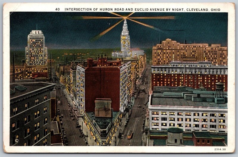 Vtg Cleveland Ohio OH Huron Road & Euclid Avenue at Night 1930 View Postcard