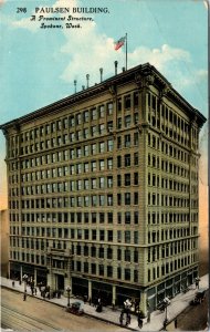 Postcard WA Spokane Paulsen Building Bird's Eye View Old Cars Shops 1913 S69