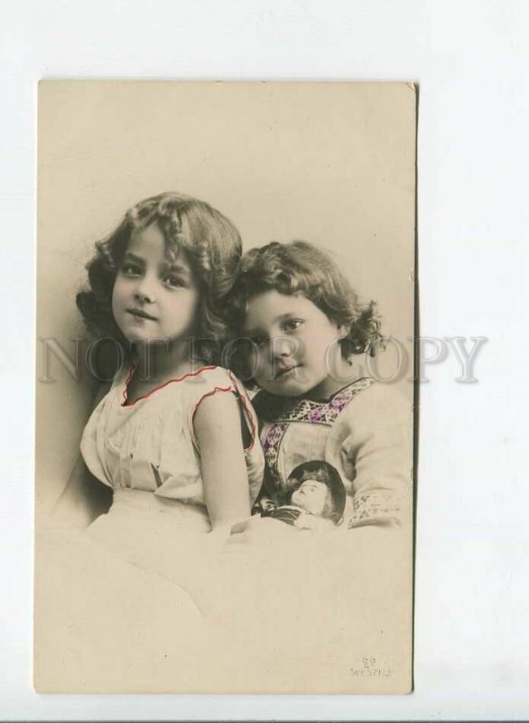 3177663 Charming Curly Girls w/ DOLL Vintage PHOTO tinted PC