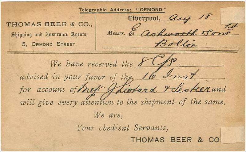 Entier Postal Stationery 1 / 2p Liverpool for Bolton 1893