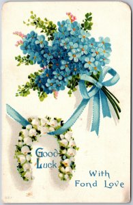Good Luck,1912 With Fond Love, Blue Flower Bouquet Greetings, Vintage Postcard