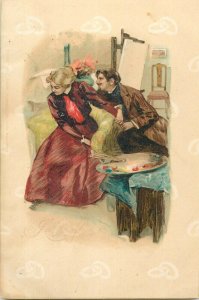 Drawn couple painter lover flirt Edgar Schmidt 1900s chromo litho postcard