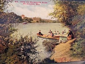 Postcard Hand Tinted Early View of  Milwaukee River in Milwaukee,  WI  X5