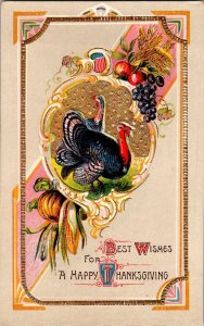 Turkey, Gilt Highlights, Best Wishes for Thanksgiving Vintage Postcard N69