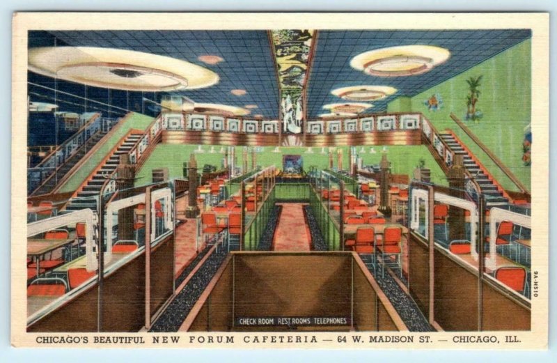 CHICAGO, Illinois IL  Interior FORUM CAFETERIA ca 1940s Linen Roadside  Postcard