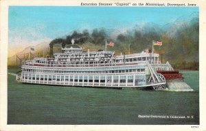 Excursion Steamer Capitol  On the Mississippi River,Davenport, IA.Old Postcard