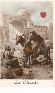 Jesus on donkey, helping  boy and beggar. La Charite Old vintage French postc