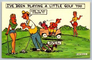 Vintage Saucy Cartoon Humor Postcard - Golfer With Pretty Girl