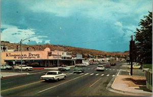 Vtg Downtown Kingman Arizona AZ Drug Store Walgreens Old Cars Texaco Postcard