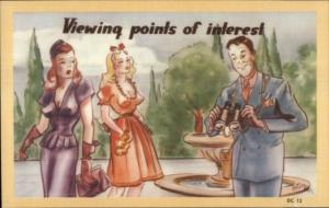 Large Breasted Women & Man w/ Binoculars POINTS OF INTEREST Postcard