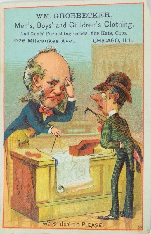 1870's-80's WM. Grobbecker, Clothing, Chicago, Ill. Victorian Trade Card P64