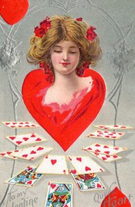 C. 1910 Queen Of Hearts Lovely Playing Cards Valentine's Day Postcard P219