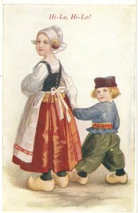 Young girl with little boy Old vintage American postcard
