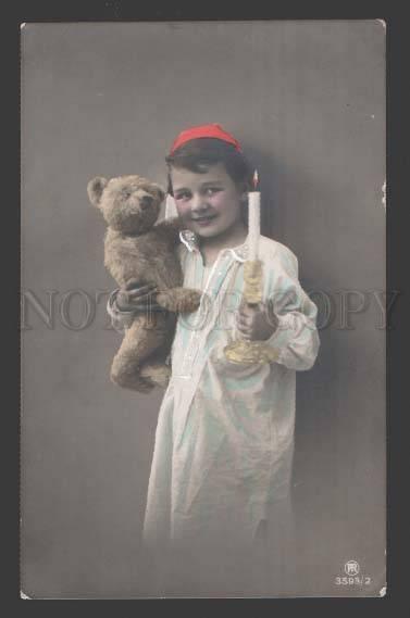 113336 Cute Boy in Nighty & TEDDY BEAR Toy Vintage PHOTO PC #2