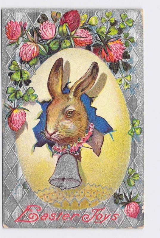 ANTIQUE POSTCARD EASTER BUNNY RABBIT EGG BELL RED CLOVER EASTER JOYS EMBOSSED 