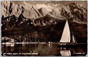 1953 Der Eibsee Gegen Die Zugspitze Sailboat Real Photo RPPC Posted Postcard