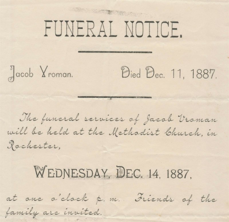 Funeral Notice For Jacob Vroman Died December 11 1887 Rochester Minnesota