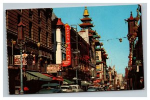 Vintage 1960's Postcard Chinatown Grant Av Antique Cars San Francisco California