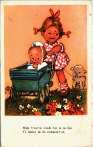 Girl is Walking with Her Little Brother in a Pram and Dog Vintage Postcard C191