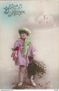 RP: NEW YEAR, 1900-10s; Bonne Annee, Little girl wearing green hat/pink coa...