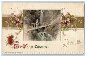 New Year Flowers Woman Scene Bridge Waterfall John Winsch Freeport IL Postcard