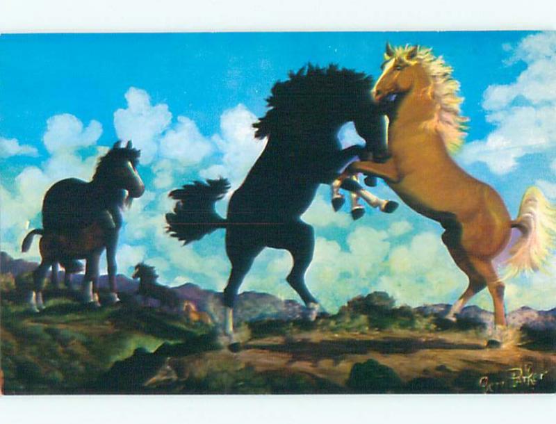 Unused Pre-1980 signed POSTCARD OF HORSE PAINTING - BATTLE OF STALLIONS k6401
