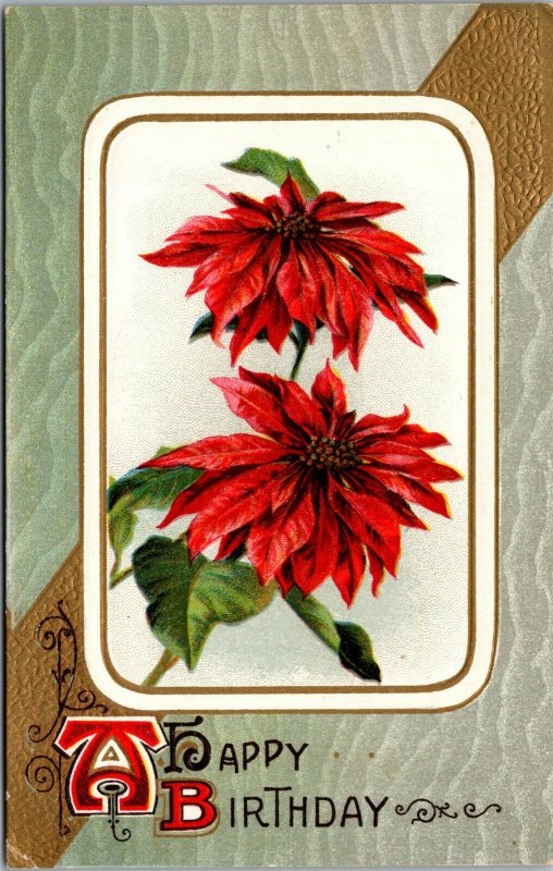 Vtg 1910 Happy Birthday Poinsettia December Unused Embossed Greetings Postcard