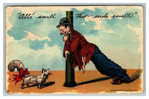 Vintage 1907 Comic Postcard - Drunk Man Leaning Against Pole Talking to Dog