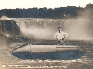 RPPC Daredevil Stuntman Niagara Falls In Iron Barrel Real Photo Postcard NY
